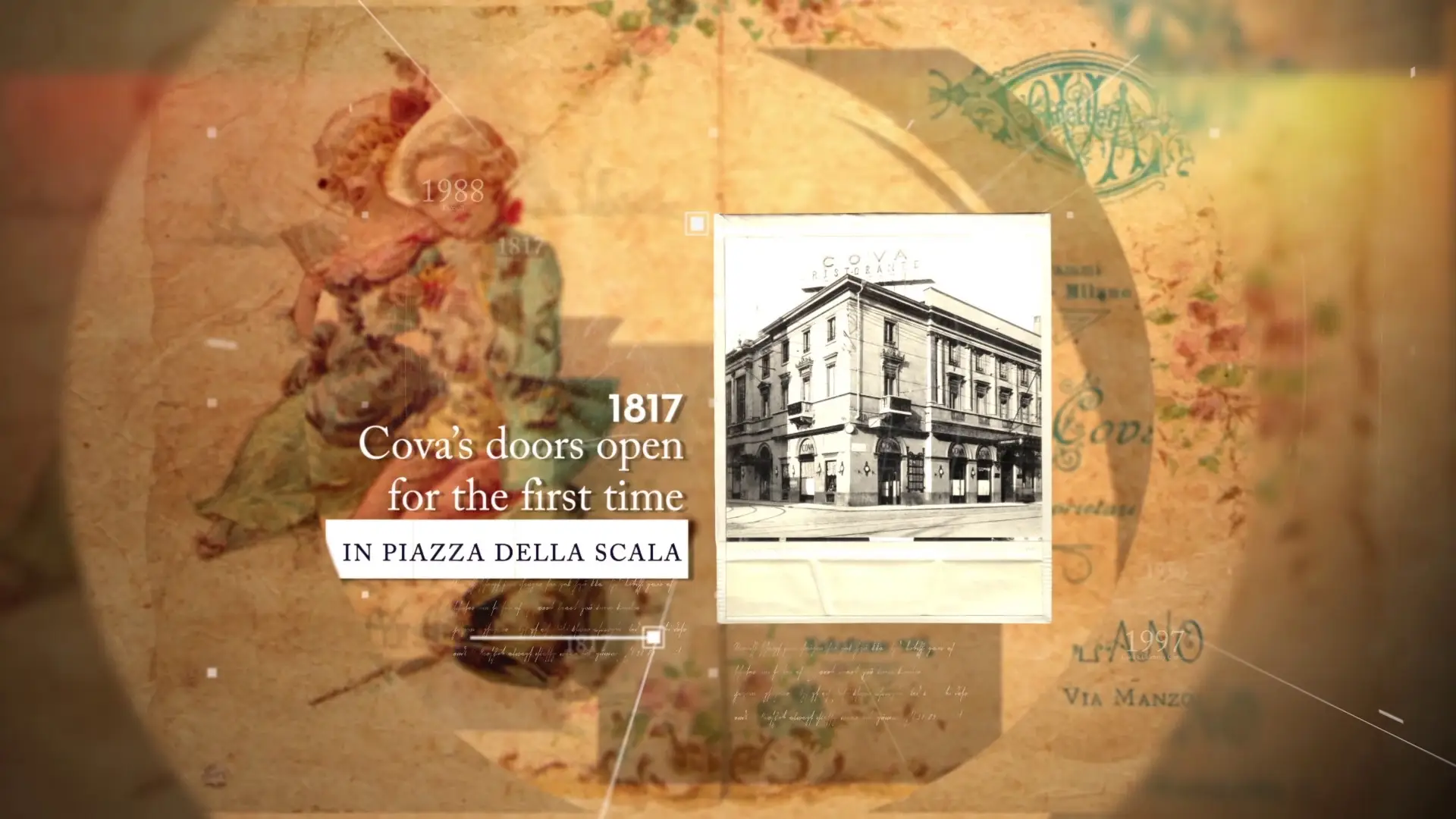 Collage d’epoca con la data 1817 e una fotografia storica del negozio in piazza della Scala