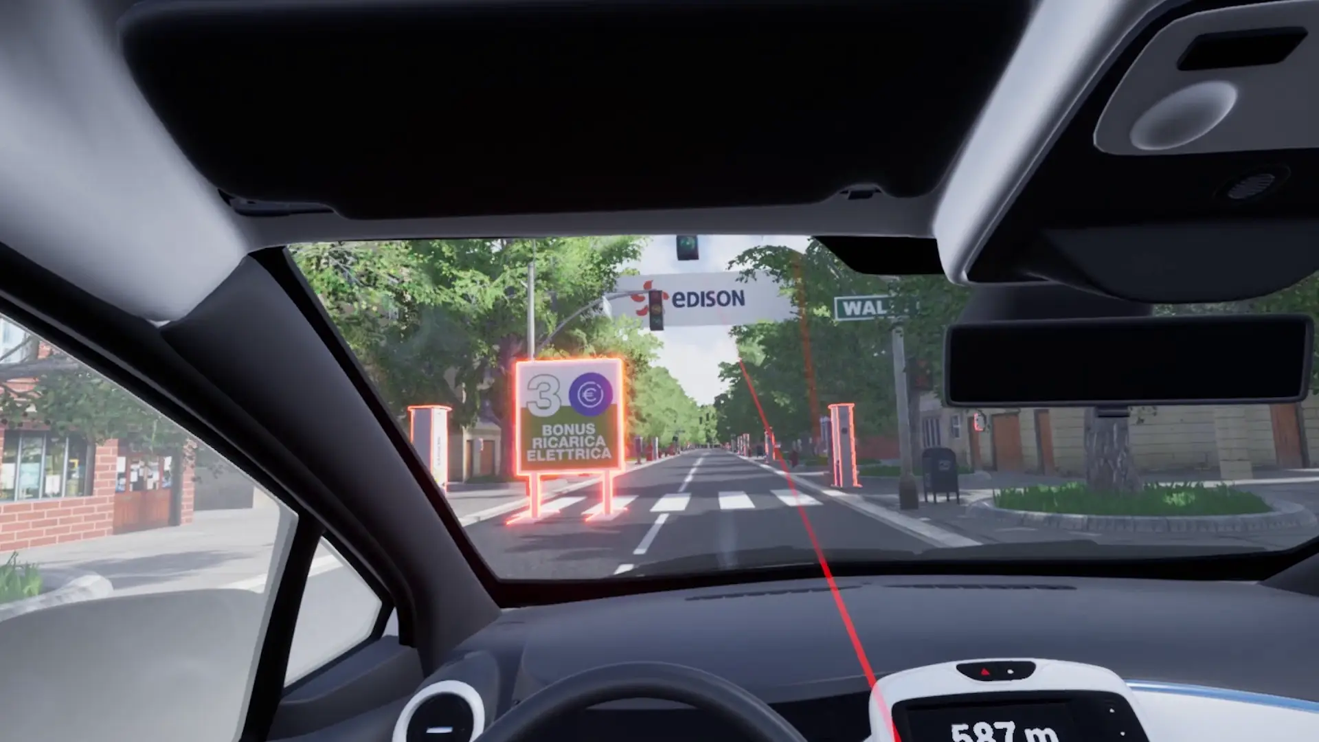Vista dall’abitacolo di un’auto con indicazioni in realtà aumentata sulla strada