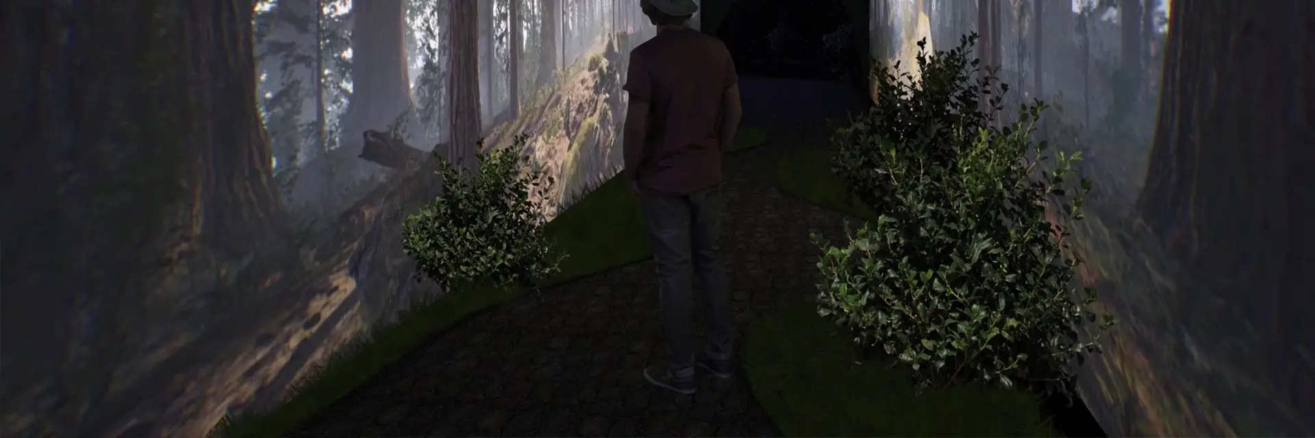 Previsualizzazione 3D del corridoio immersivo: pareti LED con una foresta, un sentiero al centro e una figura di spalle