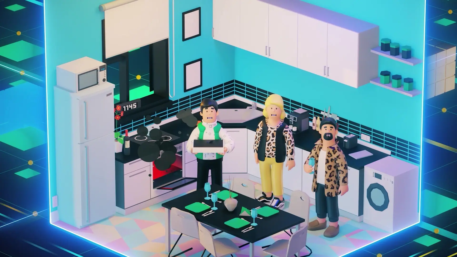 Ambiente 3D isometrico in stile cartoon con personaggi dentro una cucina
