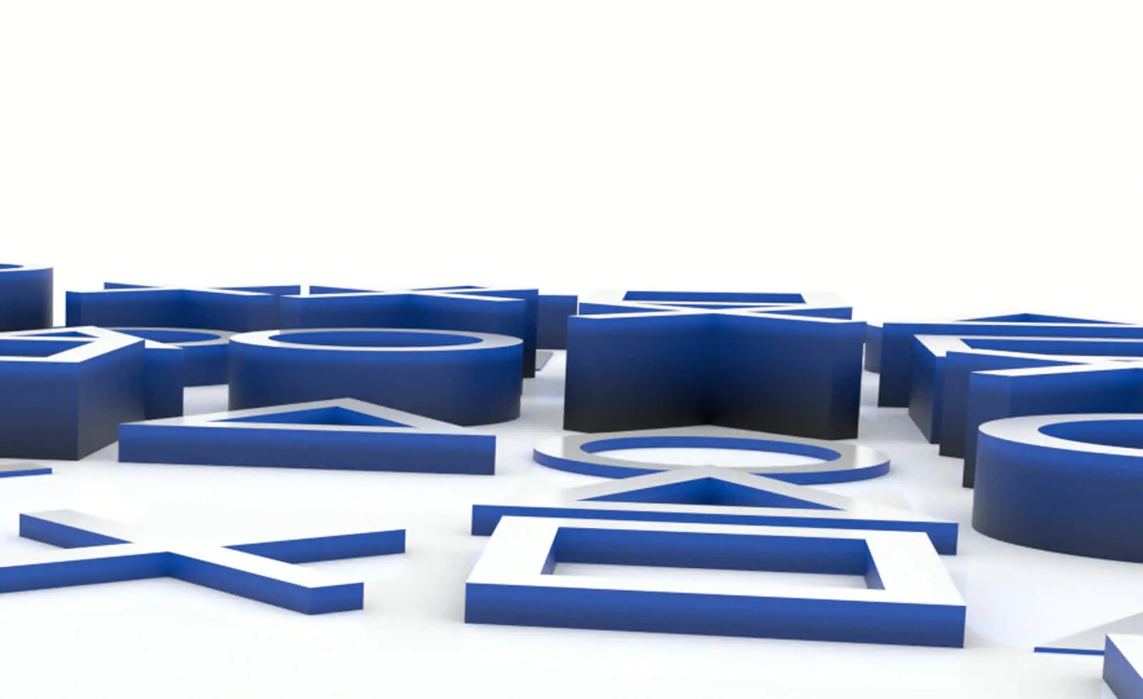 Render 3D dei simboli PlayStation — triangolo, cerchio, croce e quadrato — in blu su fondo bianco