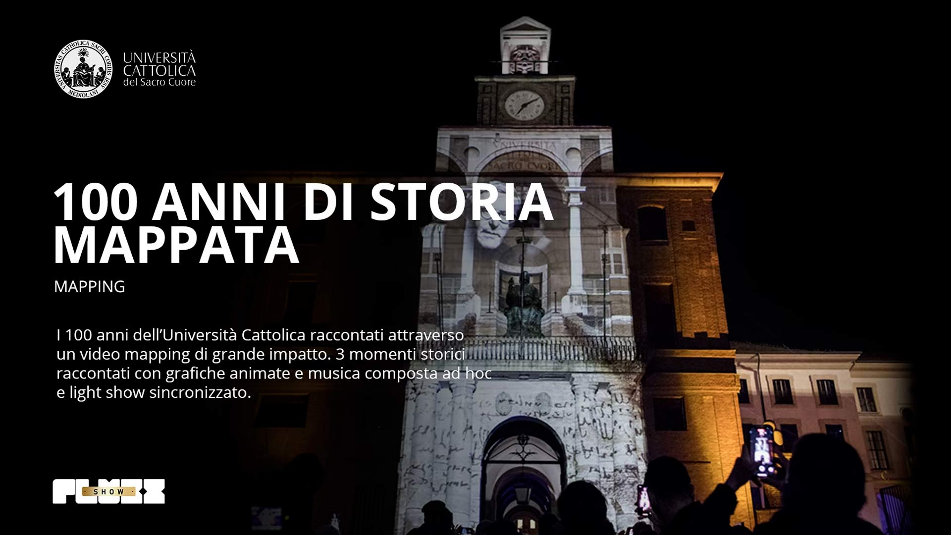 Fluxx Srl video mapping 100 anni Universita Cattolica